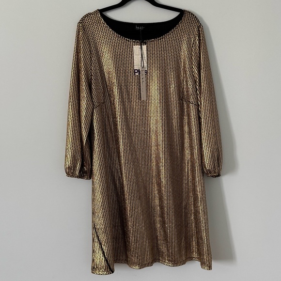 NWT Nicole Miller Gold Metallic Long Sleeve Shift Dress Women's 1X - Picture 1 of 8